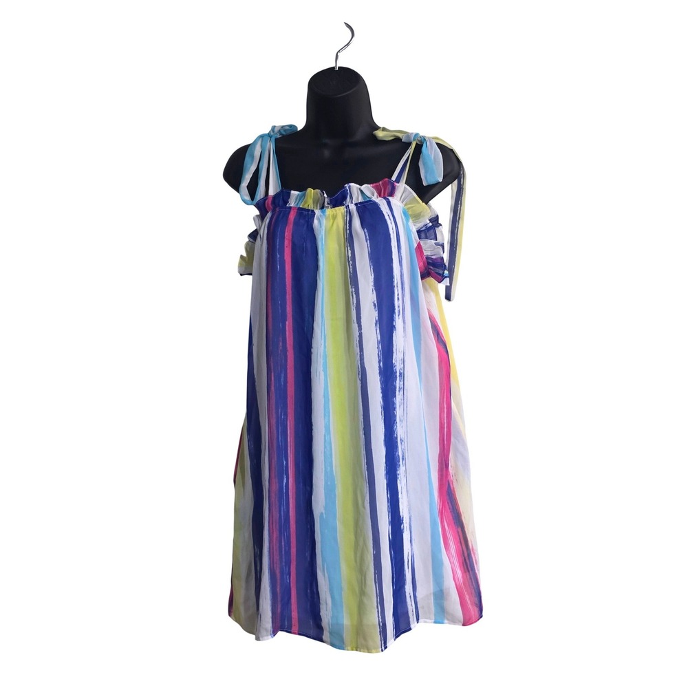 Peace Love Cake Womens Medium Multi Color Stripe Ruffle Tie‎ Shoulder Mini Dress